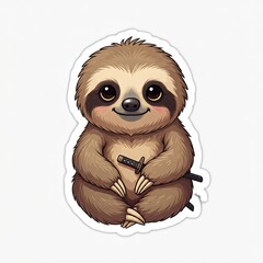 Fototapeta premium Chibi sloth samurai, holding a small katana, looking relaxed and cute, sticker-style, white background. 
