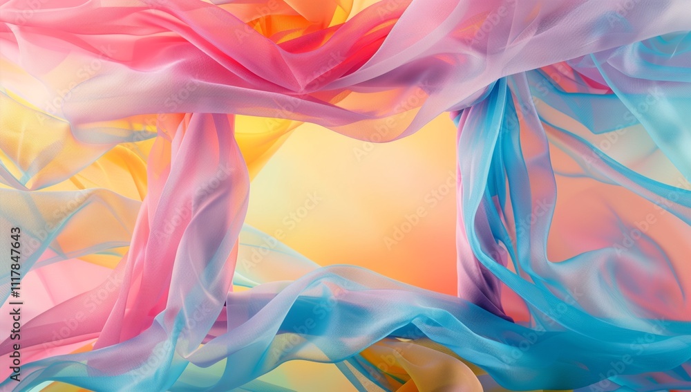 Poster a vibrant and colorful abstract background featuring flowing, pastel-colored fabrics that create an 