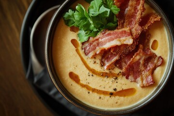 Fototapeta premium A warm and savory bowl of soup topped with crispy bacon and garnish, perfect for a cozy meal