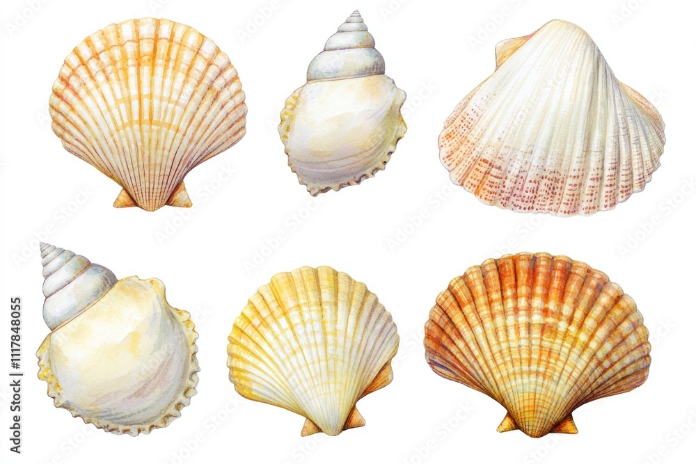 Poster close-up of various seashells on a clean white surface, ideal for decoration or design projects