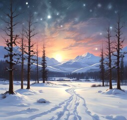 Fototapeta premium Illustration of winter landscape.