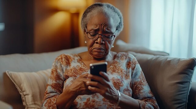 Mujer senior anciana de Nigeria se frustra por no saber utilizar su tel&eacute;fono m&oacute;vil