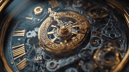 Obraz premium Close-up of intricate golden gears and details of a vintage mechanical clock
