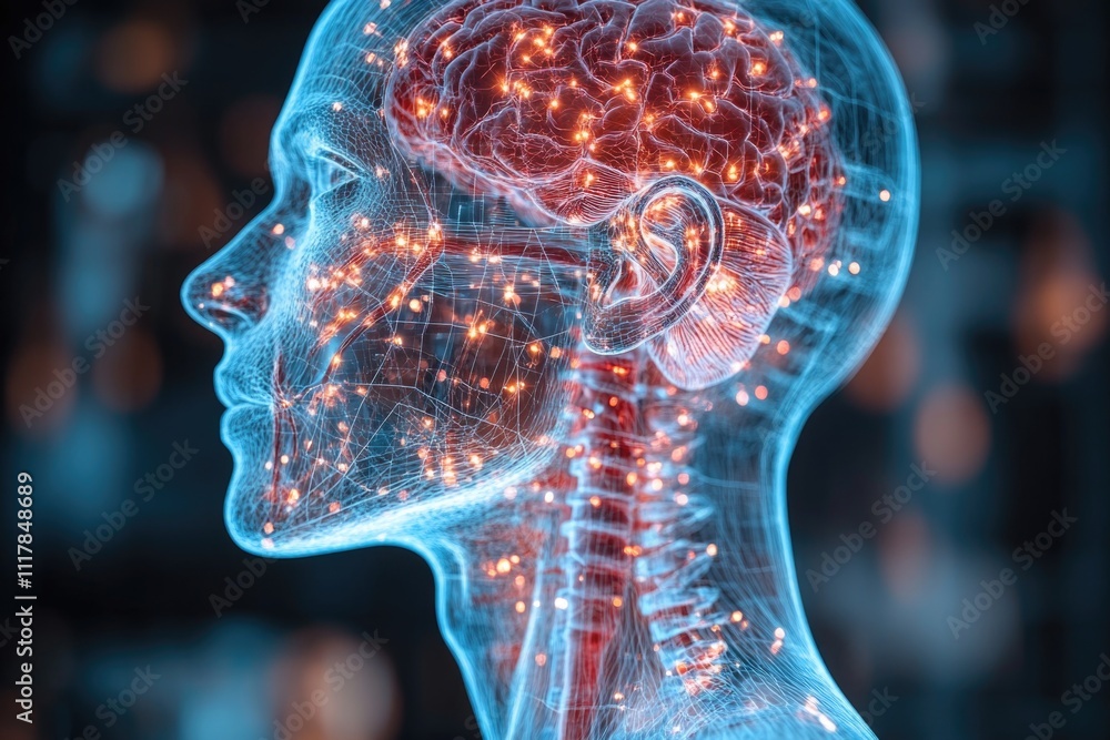 Poster a person's head and neck with an illuminated brain, suitable for illustrations about human brain fun