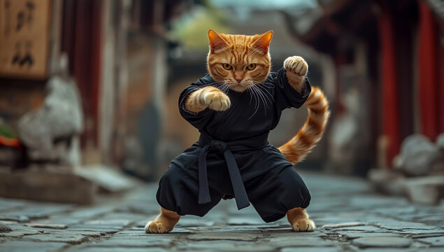 A photo of a cat dressed in black martial arts clothing, striking a dynamic kung fu pose on a cobblestone street.
