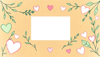 Delicate hand-drawn frame with green leaves and pastel hearts surrounding blank white rectangle on soft peach background. Perfect for romantic cards, wedding invitations or love-themed designs. Mockup