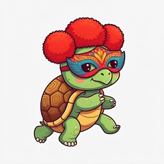 Obraz premium A chibi turtle wearing a bright carnival mask, slowly moving through a parade, sticker style, white background. 