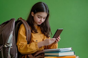 Young girl sitting on a stack of books, looking at her phone