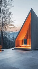 Modern Minimalist Chapel: A contemporary architectural marvel, with sharp lines and warm interior lighting, stands majestically against the backdrop of a snow-covered landscape at dusk. This stunning.
