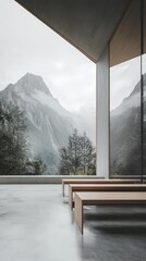 Mountain View Tranquility:  A minimalist interior design concept showcases two wooden benches placed strategically in front of large windows.