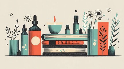 Artistic Illustration of Books Plants and Essential Oils on a Shelf