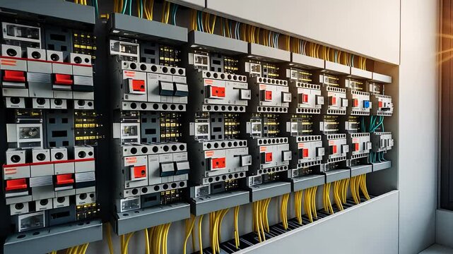 Electric Control Panel with Circuit Breakers and Yellow Wiring in a Modern Industrial Power Distribution System

