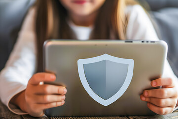 Kid using a tablet, with a digital shield icon overlay