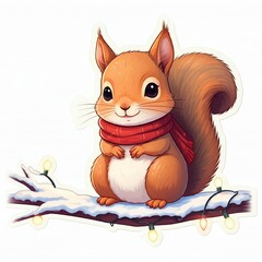 A chibi squirrel in a red scarf, sitting on a snow-covered branch, with Christmas lights around, sticker style, white background.
