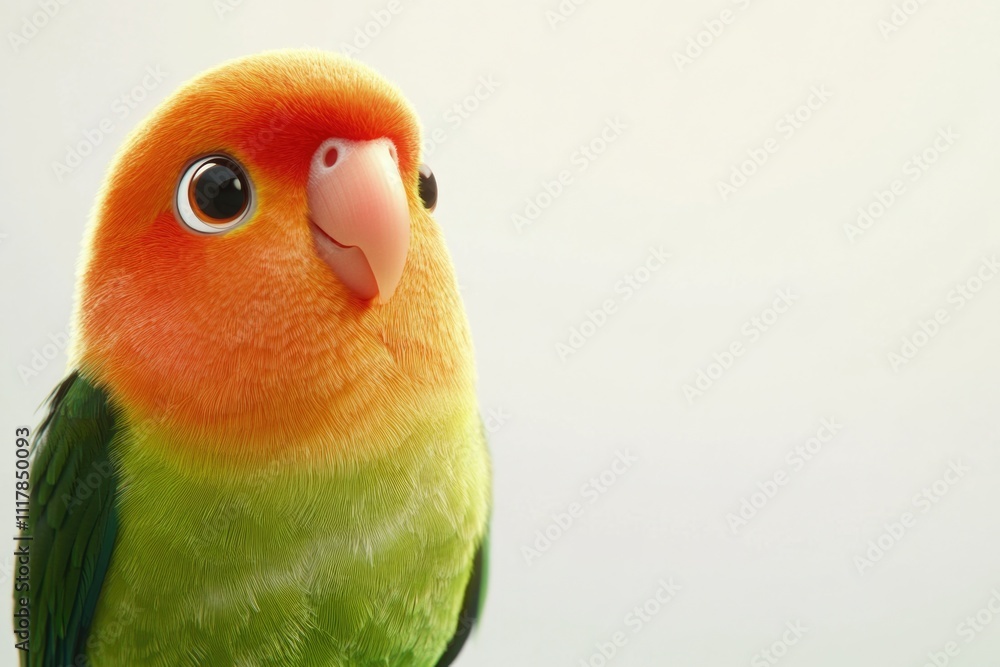 Poster a close-up view of a vibrant bird perched on a clean white surface
