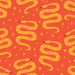 Seamless pattern with mystical snakes and stars. Vector flat background. Symbol of the new year