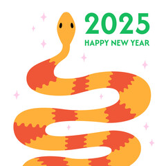 Happy new year greeting card with snake. Vector flat illustration of hand drawn reptile and stars. Symbol of chinese lunar 2025 new year