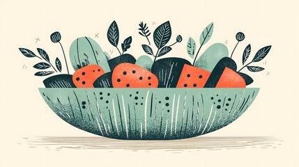 Illustration of Abstract Fruits and Leaves in Artistic Bowl