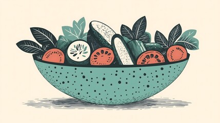 Illustrated Bowl of Fresh Vegetables in a Minimalist Design