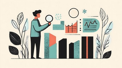 Illustration of a Person Analyzing Business Data with Charts and Graphs
