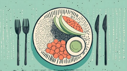 Colorful Illustrated Plate of Fresh Avocado and Fruit on Patterned Background