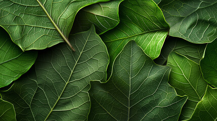 Green leaves with intricate vein patterns, natural botanical background, vibrant foliage design, eco-friendly aesthetic, close-up of lush greenery, organic nature texture, copy space