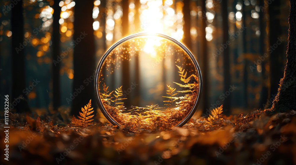 Poster a mesmerizing autumn forest scene with sunlight filtering through trees and a fern circle.