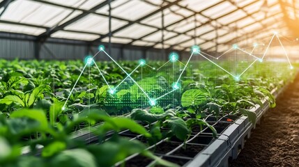 Futuristic Vertical Farming System with Data Driven Precision Monitoring and Glowing Analytics Overlays