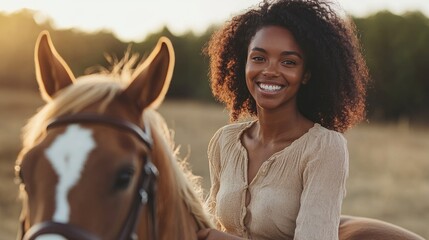 Fototapeta premium Portrait of a smiling black woman riding a horse on an outdoor farm.