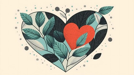 Artistic Heart Illustration With Leaves and Unique Geometric Patterns