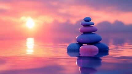 Serene sunset scene with balanced stones floating on calm water.