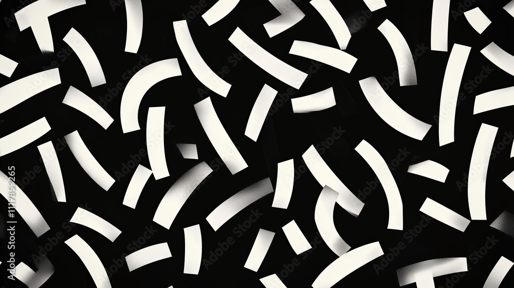 Poster abstract black and white pattern with curved white shapes scattered across a dark background creatin