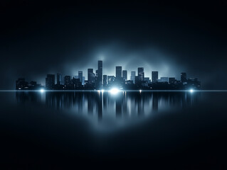 dark city skyline with glowing building lights reflected on calm water at night
