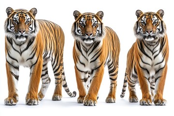 Obraz premium Majestic Trio Three Bengal Tigers Walking, Isolated on White Background - Stunning Wildlife Photography