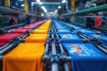 Obraz premium Colorful shirts being transported on a conveyor belt