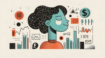 Abstract Illustration of Person Amid Financial and Analytical Graphics