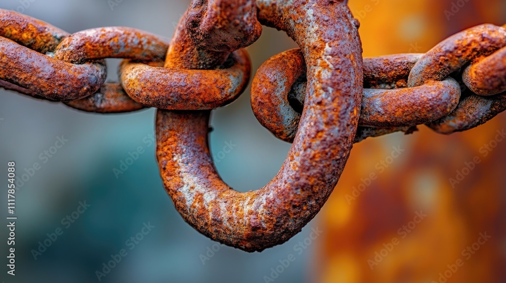 Poster close-up shot of a rusty metal chain with intricate links and texture, great for industrial or vinta