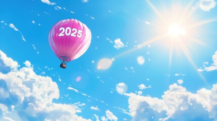 Obraz premium Pink Hot Air Balloon 2025, Soaring into the Future, Sunny Skies 