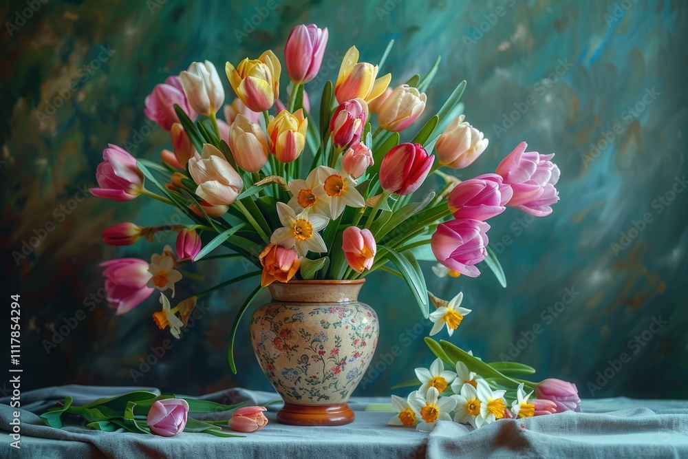 Poster a vase filled with various flowers placed on a table