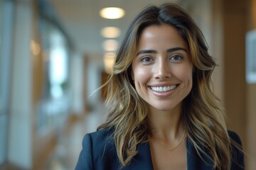 Fototapeta premium A woman with long hair and blazer smiles confidently at the camera