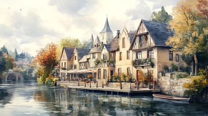 Obraz premium A serene riverside village with charming houses and autumn foliage.