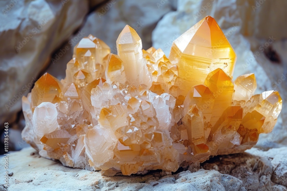 Poster a close-up shot of a cluster of crystals growing on a rock, with intricate details and textures