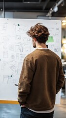 The Visionary at the Whiteboard: Focused and intent, a thoughtful individual contemplates ideas sketched upon a large whiteboard, envisioning possibilities and driving innovation.