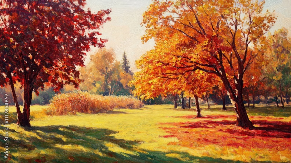 Aufkleber a scenic image of a field surrounded by trees during autumn