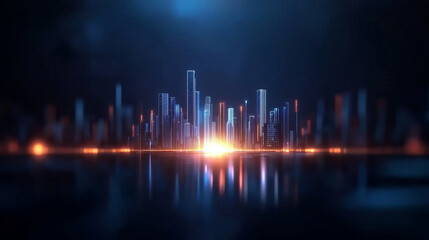 futuristic cityscape with glowing skyscrapers and vibrant lights reflected on smooth surface
