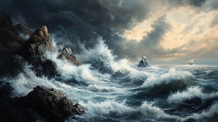Obraz premium A dramatic seascape featuring turbulent waves, rocky cliffs, and a distant sailing boat.