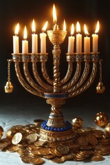 Fototapeta premium Illuminated Menorah with Burning Candles and Gold Coins for Hanukkah Celebration - Festive Jewish Holiday Symbol