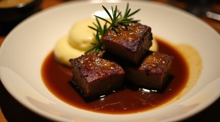 A gourmet dish featuring succulent braised pork belly cubes with rich gravy, garnished with herbs, served alongside creamy mashed potatoes