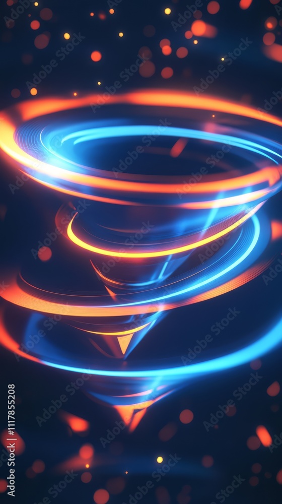 Poster abstract energy vortex: dynamic lines of blue and orange light swirl in a mesmerizing spiral, creati