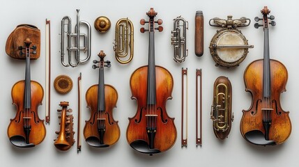 Naklejka premium Flat Lay of Vintage Violins, Trumpets, and Other Orchestral Instruments on White Background